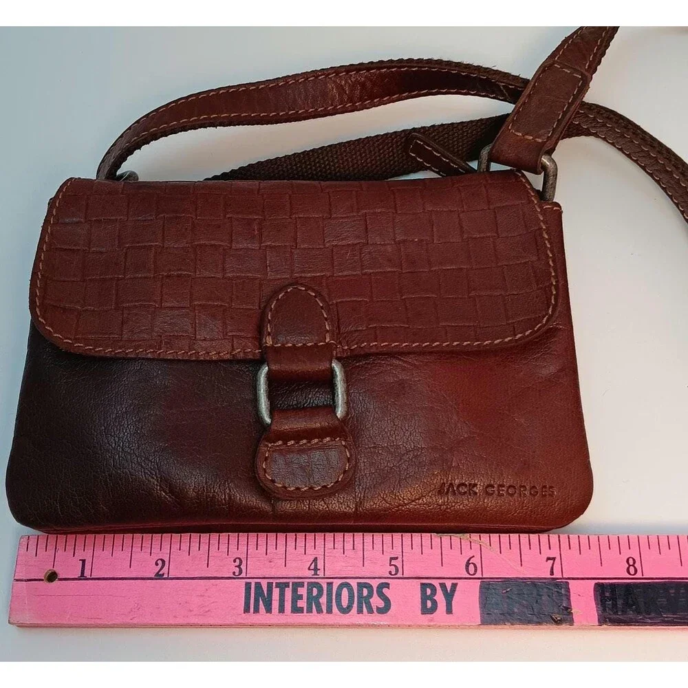 Vintage Jack Georges Brown Leather Crossbody Bag – Woven Embossed Flap Shoulder